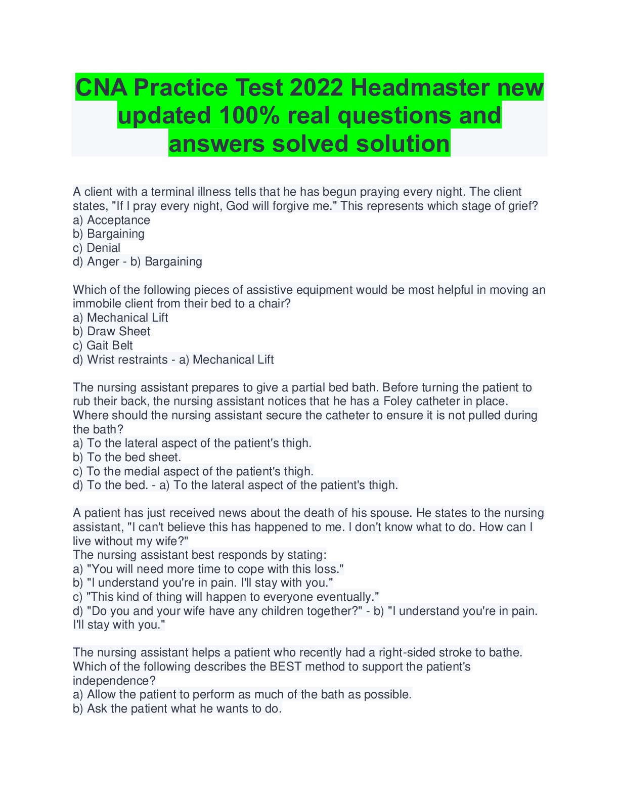CNA Practice Test 2022 Headmaster new updated 100 real questions and